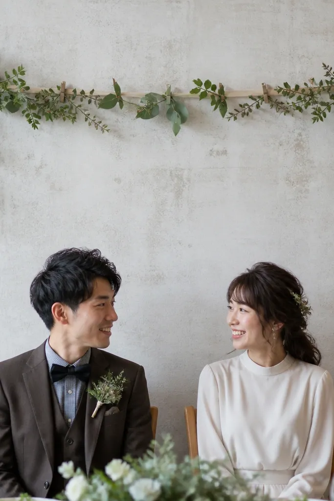 A thin cream ribbon line with small greenery clipped between two stage frames
