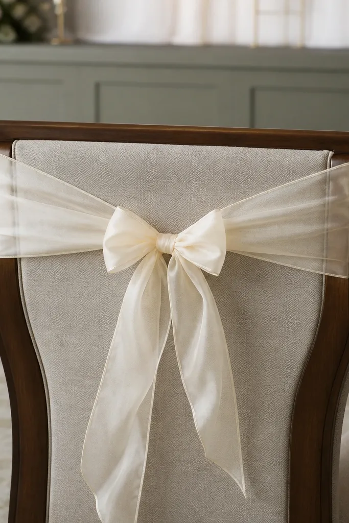 Sheer ivory ribbon draped over chair backs with a small blush bow at the center