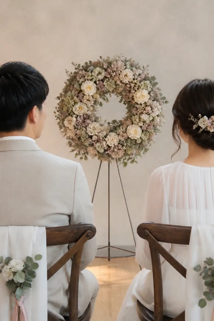 A small round floral wreath attached to a slim stand behind the stage