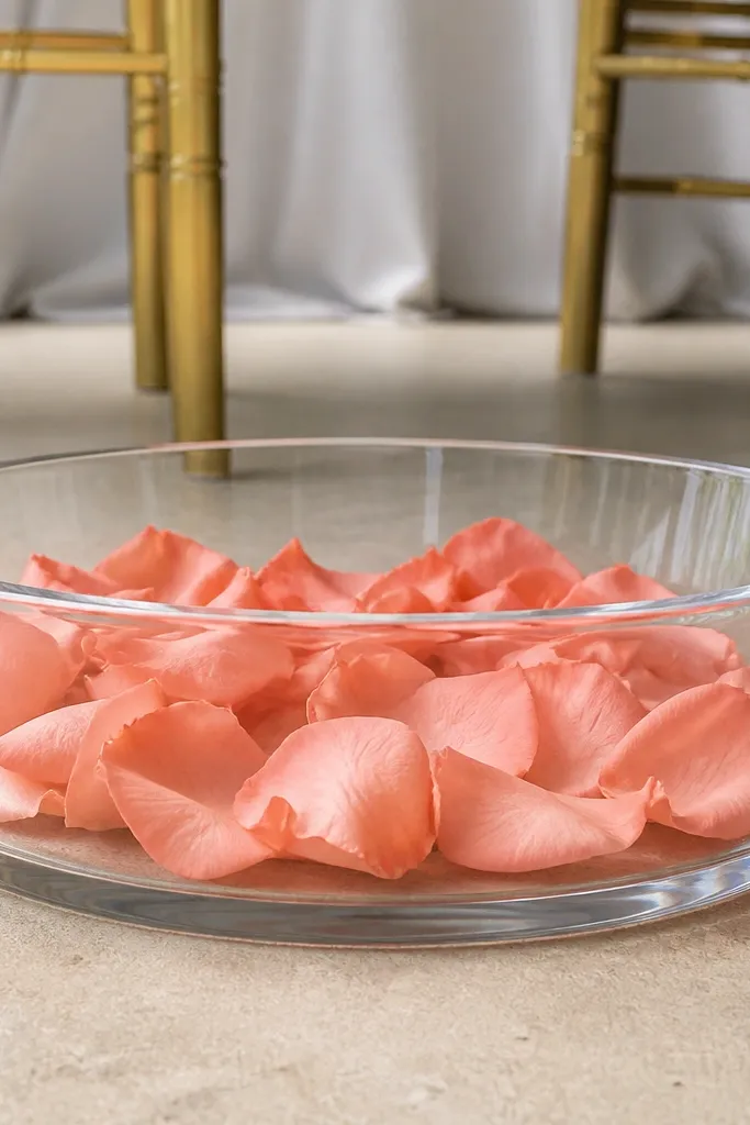 A clear shallow bowl filled with rose petals on the stage center