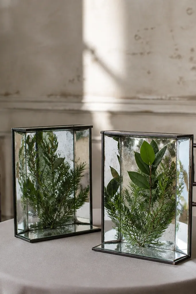 Two small mirrored frames with greenery inserted on stage corners