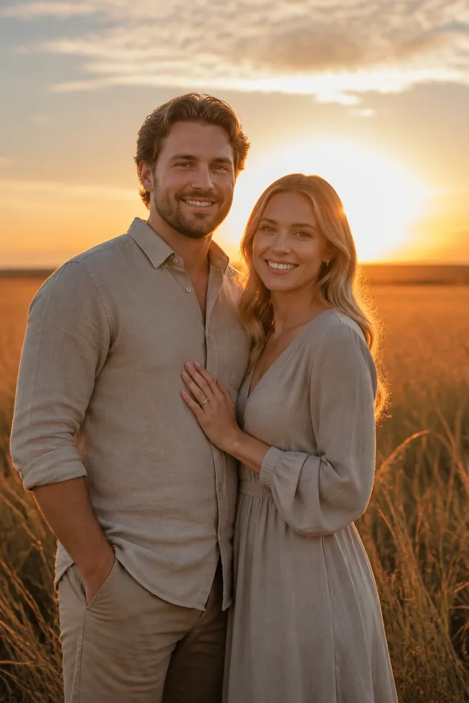 Couple in cream and tan outfits walking through a sunlit grass field