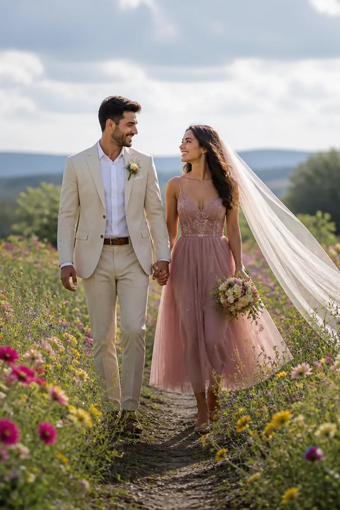Flowing white veil trailing over a couple standing in bright wildflowers