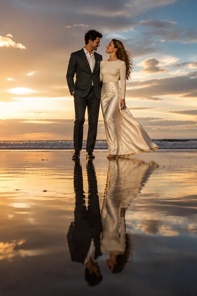 Couple holding hands on a wet beach with mirror-like reflections