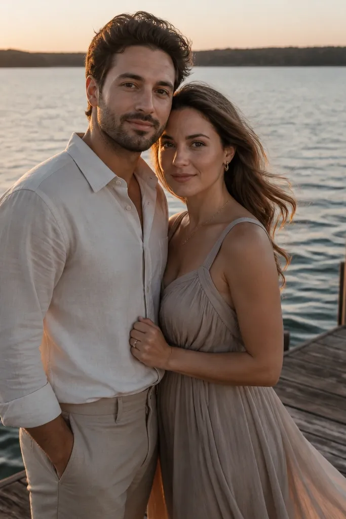 Couple standing on a wooden dock at sunset with warm side glow