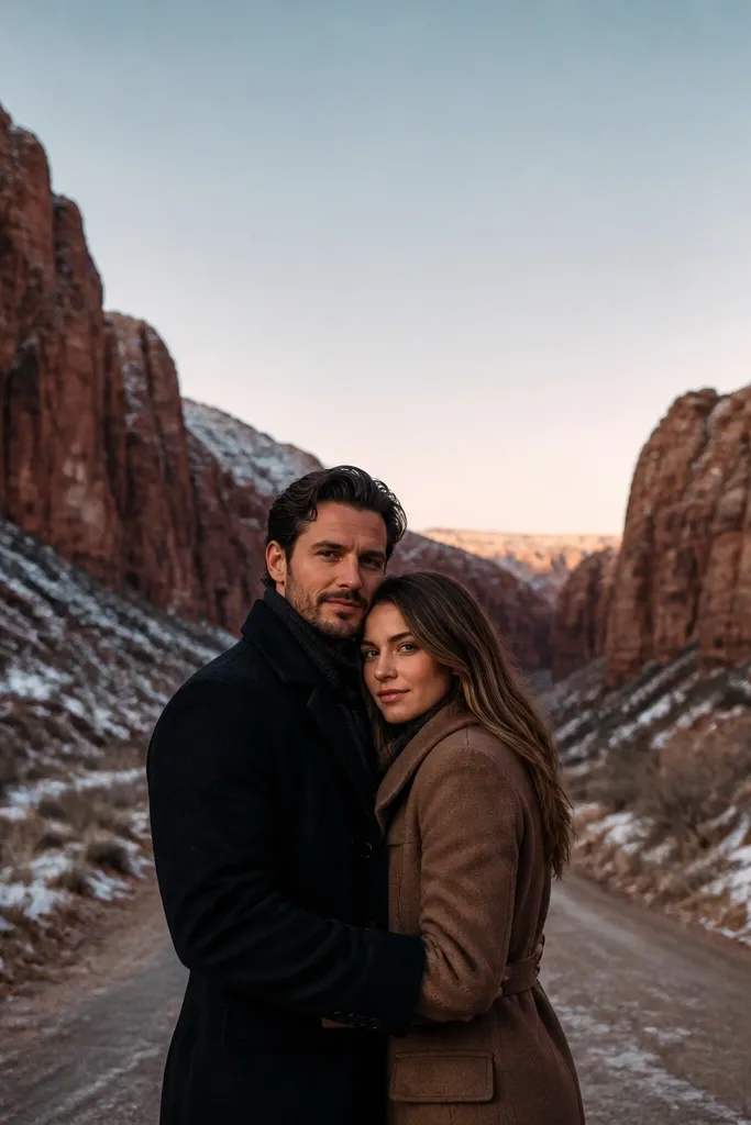 Couple walking on a canyon road with dramatic open-sky light