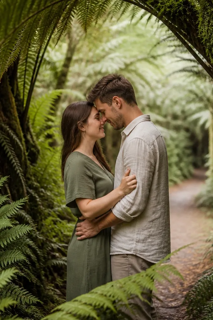 Couple walking through a green forest path with light filtering through leaves