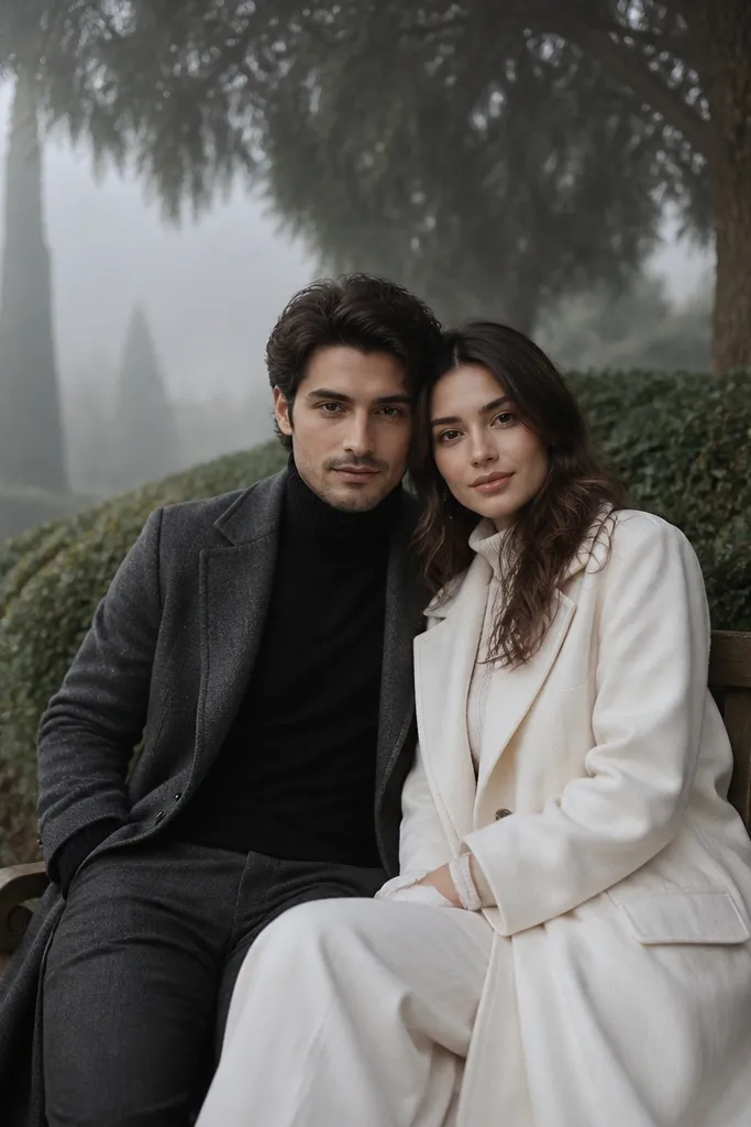 Couple seated on a garden bench with soft fog in the background