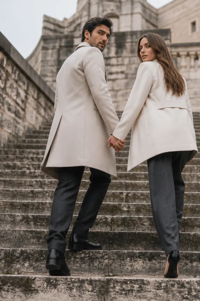 Couple on old stone steps wearing cream and charcoal outfits