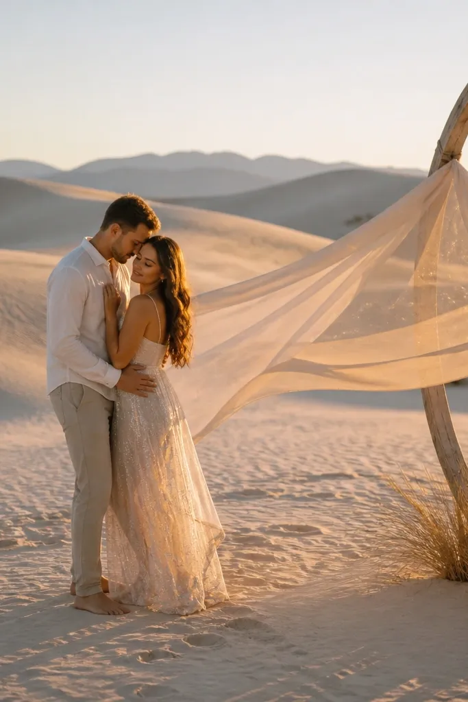 Couple in light beige outfits standing on desert dunes with long shadows