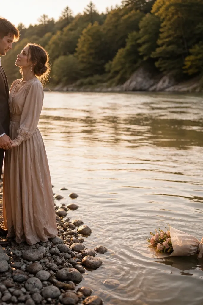 Couple near a riverbank holding a bouquet with soft water behind them