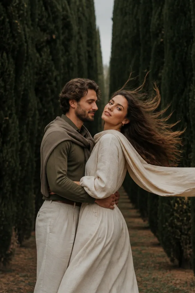 Couple standing among tall cypress trees with wind moving hair and fabric