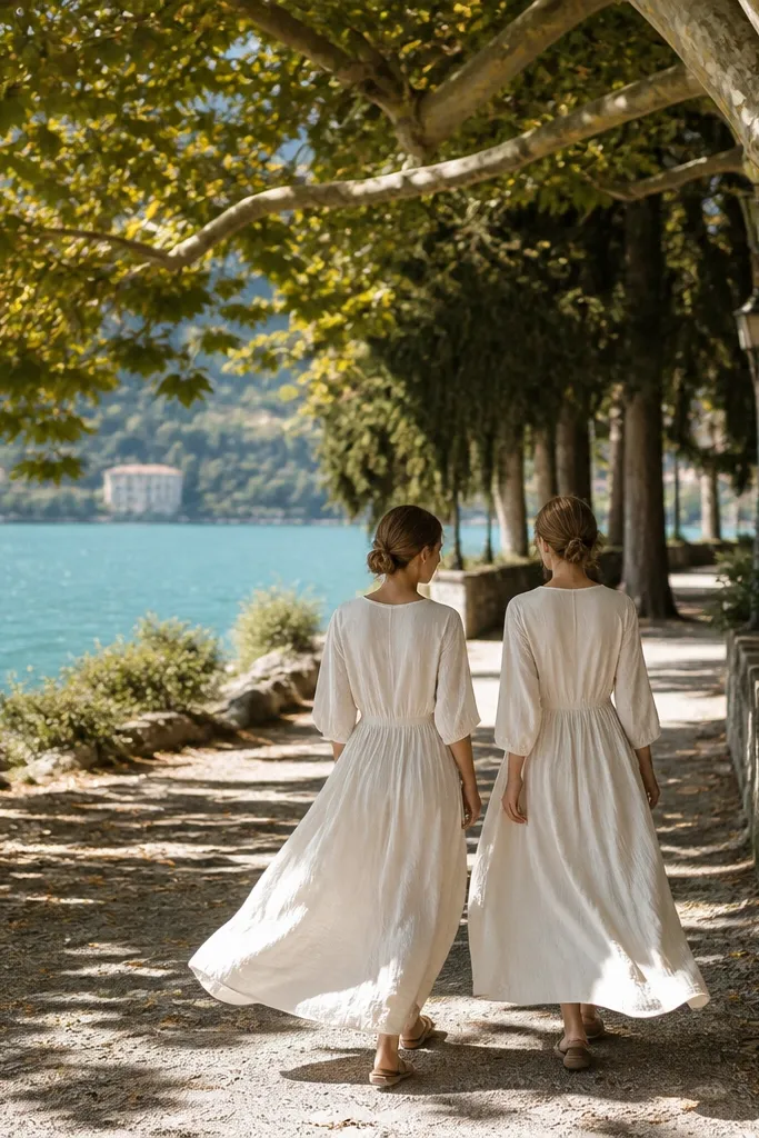 Couple walking on a shaded lake path under tree branches