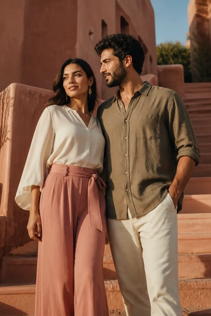 Couple leaning near terracotta steps with warm walls and sky background