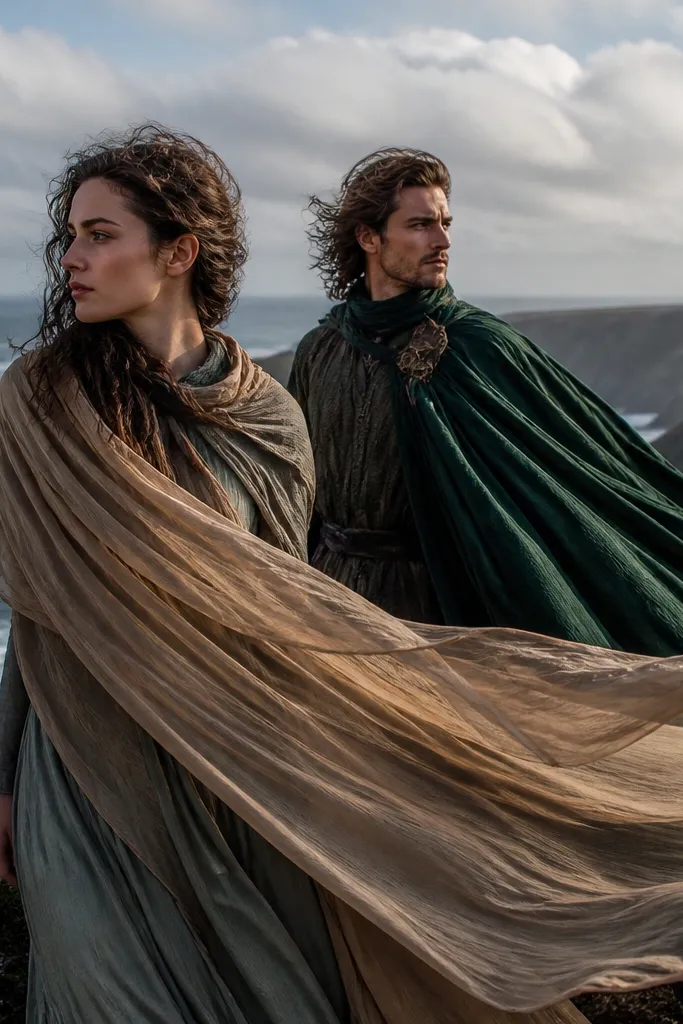 Couple on cliff edge with a cape or shawl fluttering in ocean wind