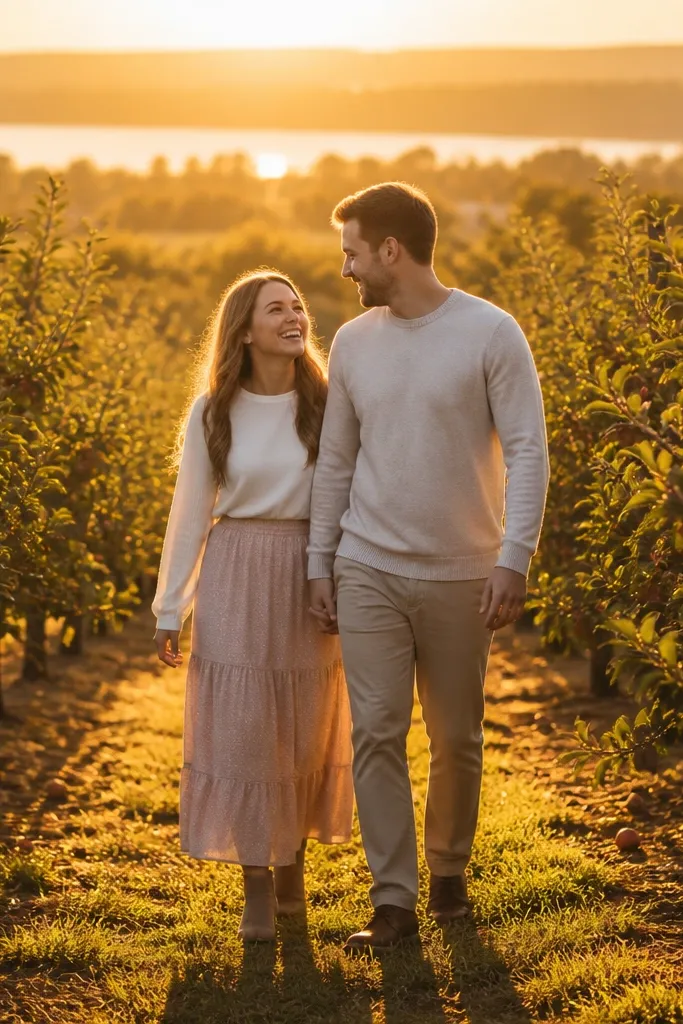 Couple walking between orchard rows with warm sunset light through leaves