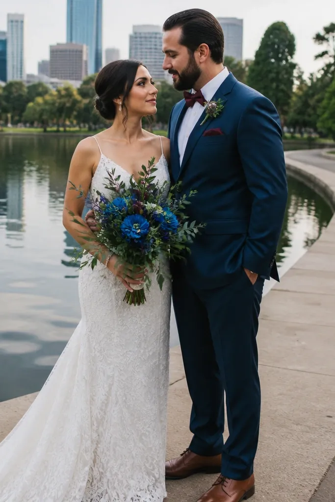 Couple near a park lake with bright bouquet color against muted greenery