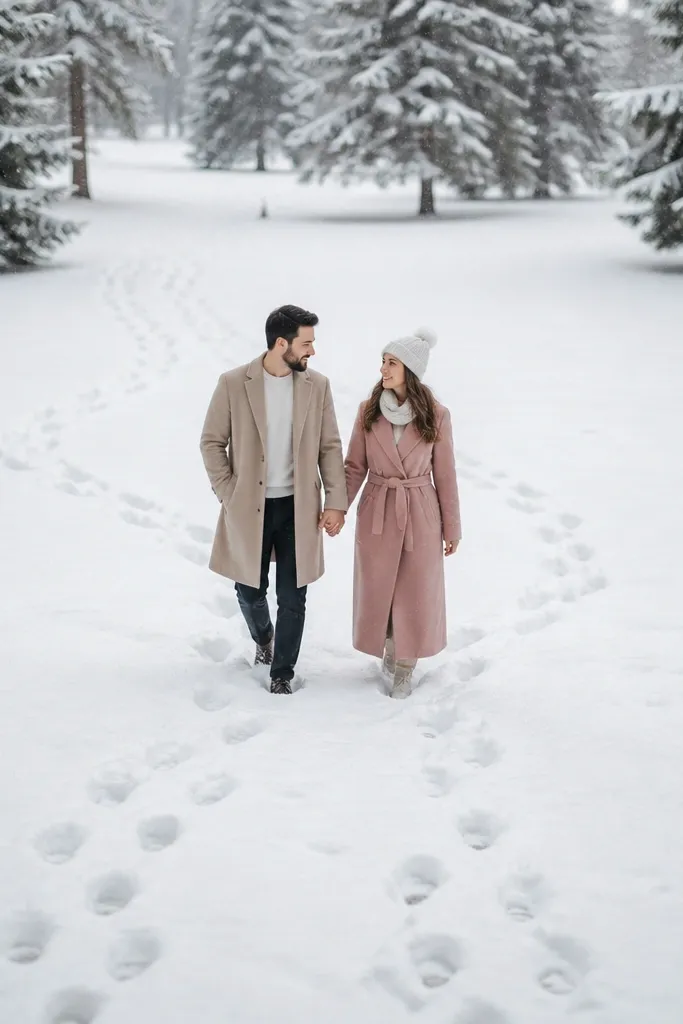 Couple walking through snowy park leaving footprints and soft sunset glow