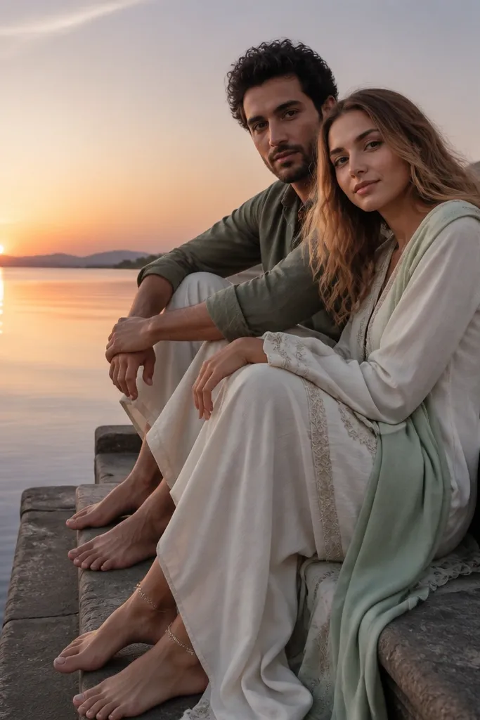 Couple standing on lakeside steps with sunrise light and barefoot stance
