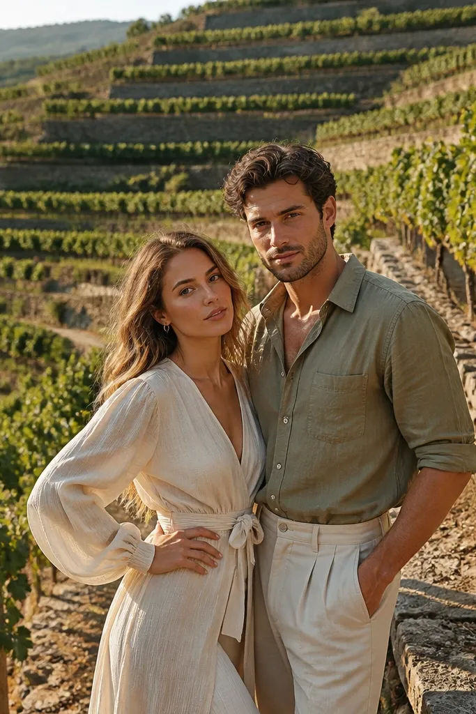 Couple in neutral outfits in vineyard rows with terraced hills behind