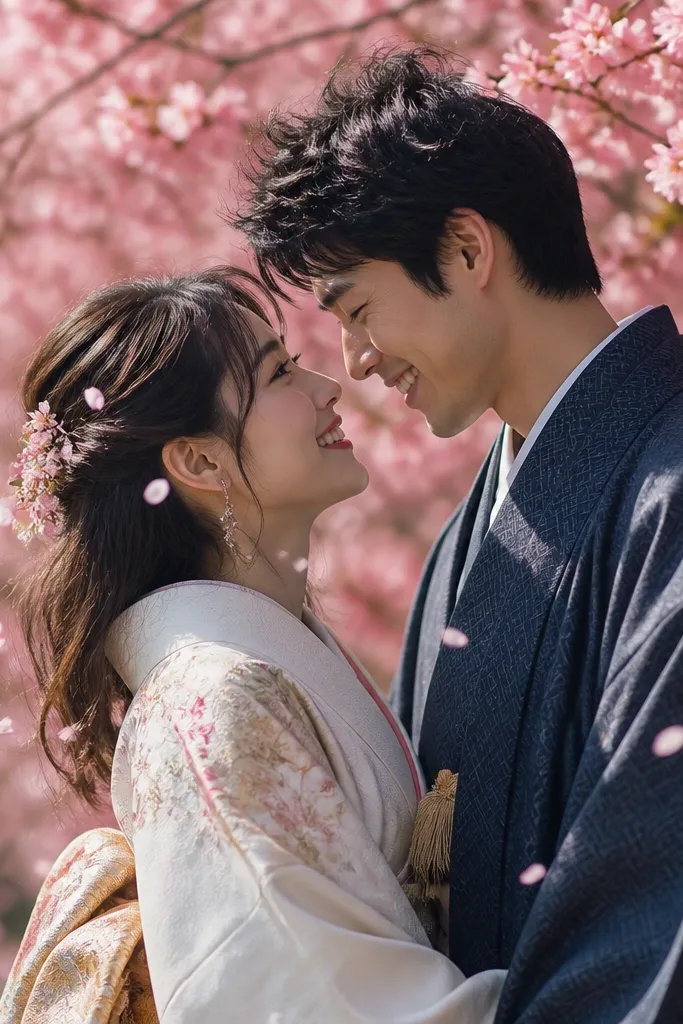 Couple under cherry blossoms catching petals in the air