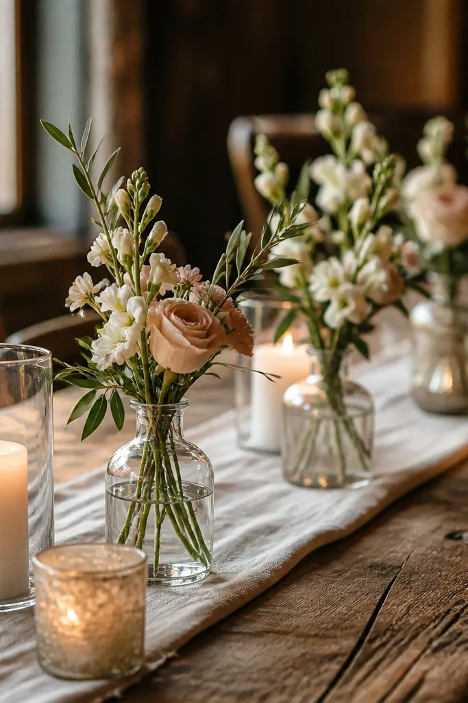 Long tables with white linen runners and warm reclaimed wood centerpieces