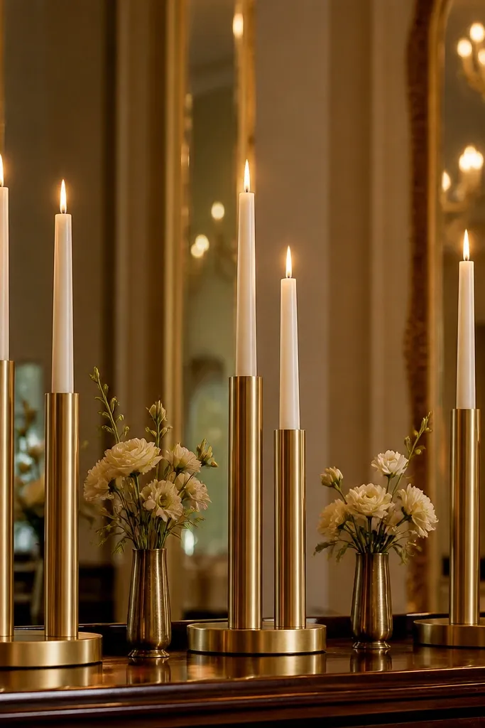 Brushed brass holders with cream tapers and small greenery accents on a wooden table