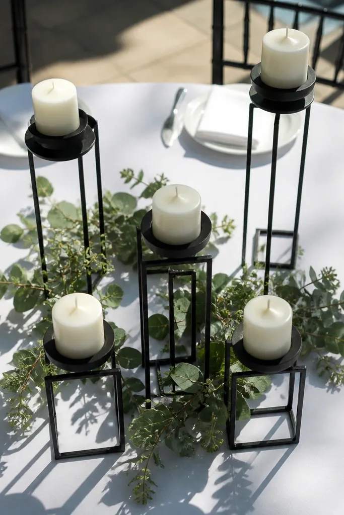 Black metal candle sticks with tiny olive leaves and small white flowers on a stone table