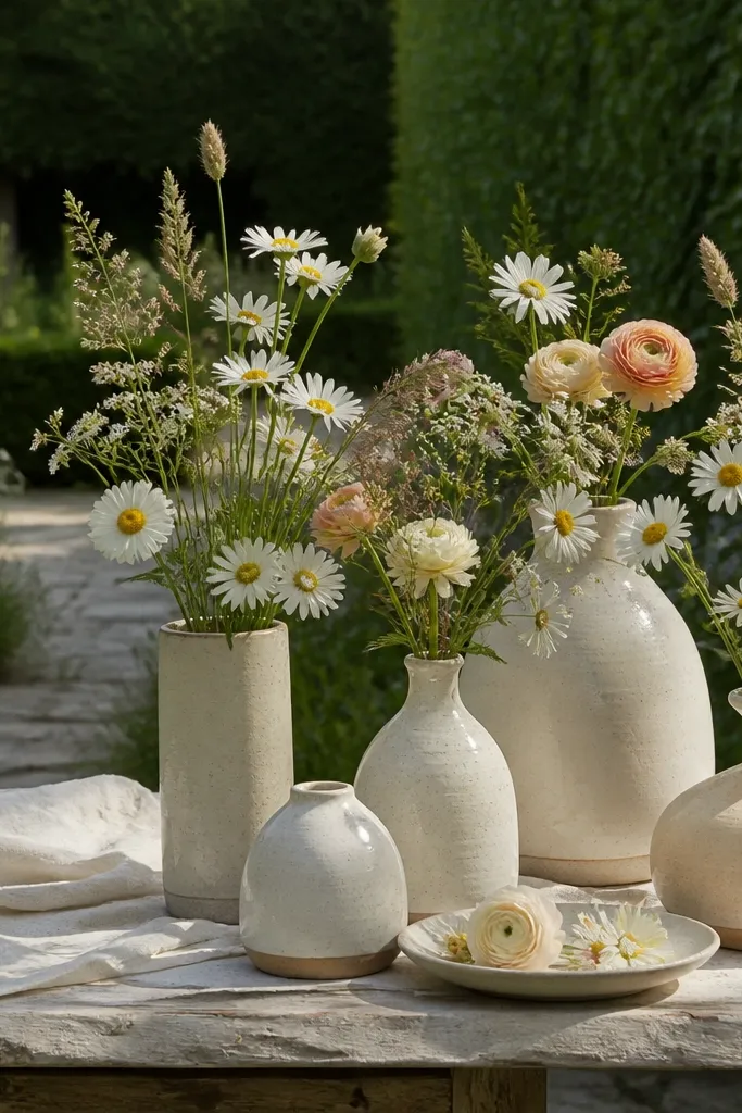 Cream ceramic vases with wildflower style stems in soft neutral colors on a linen table