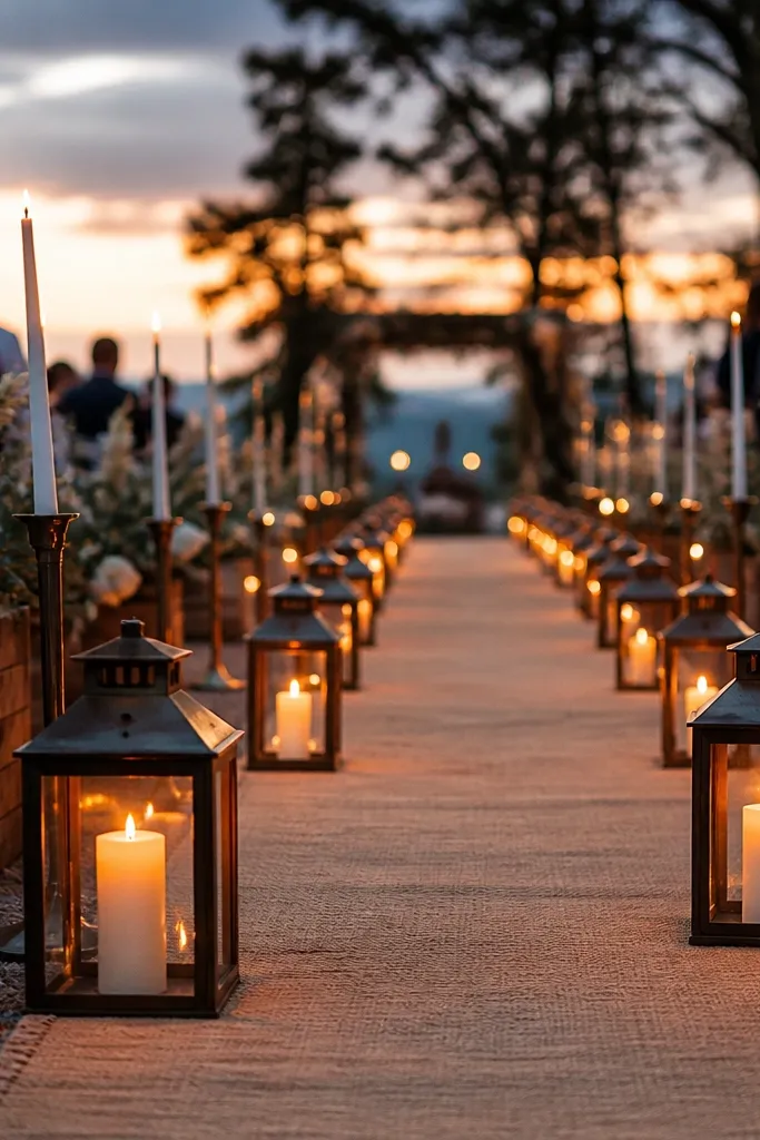 Tall lanterns lining a pathway with cream tapers inside and greenery around bases