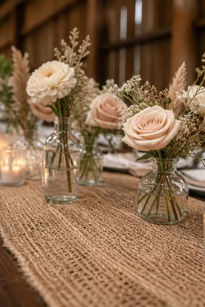 Jute table runner with neutral bouquets in small bud vases on a rustic wooden table