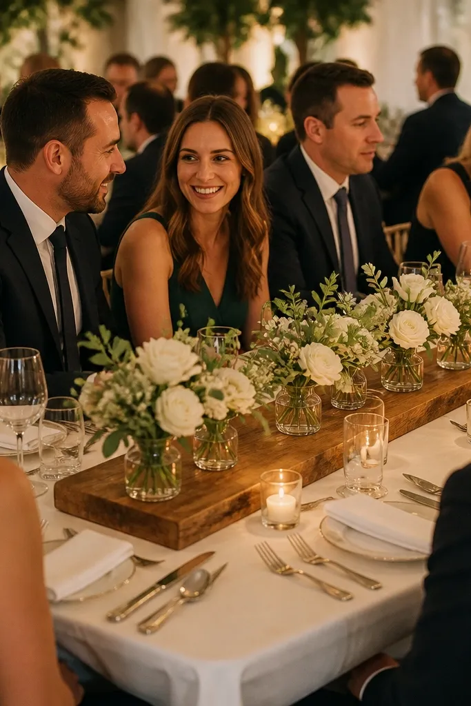 Wide wood slab centerpieces with small bud vases and short candles across the table