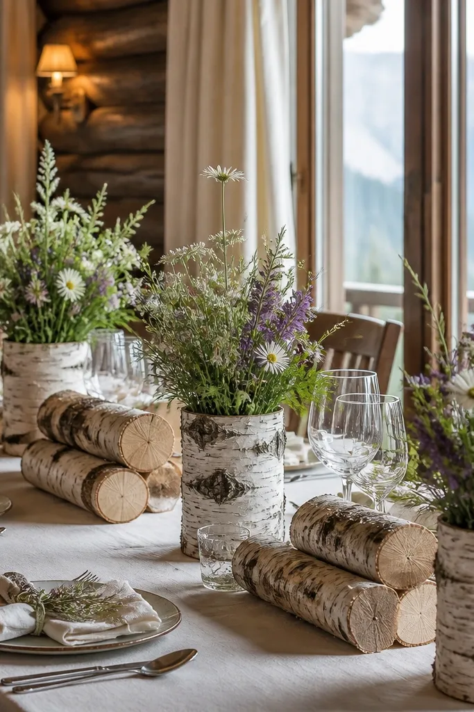 Birch log holders with mixed wildflower stems in pale colors and small candles