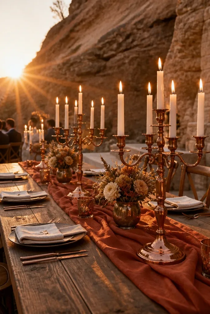Copper vases and candle holders with amber tapers and warm neutrals on a table
