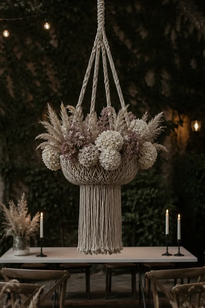 Macramé wall hangings with dried pampas and neutral bouquets on a reception table