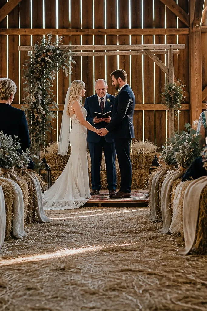 Folded hay bales with neutral cushions and small lanterns for a rustic ceremony area