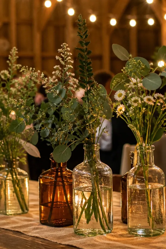 Assorted vintage bottles with mixed greens and small wildflowers on a long wooden table