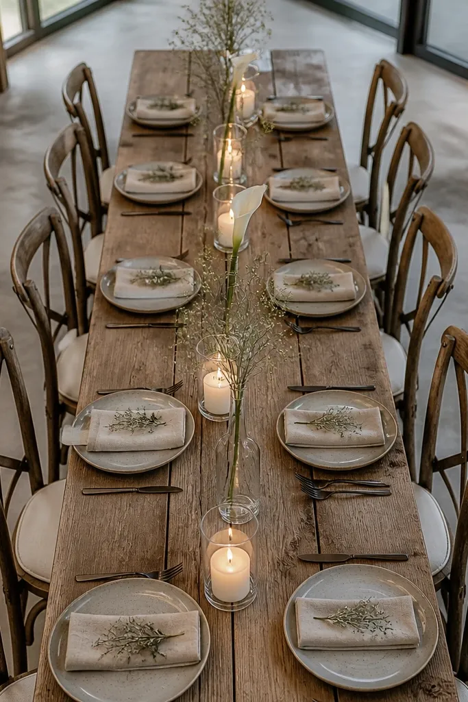 Stoneware plates with one-stem vases and short candles on linen tables