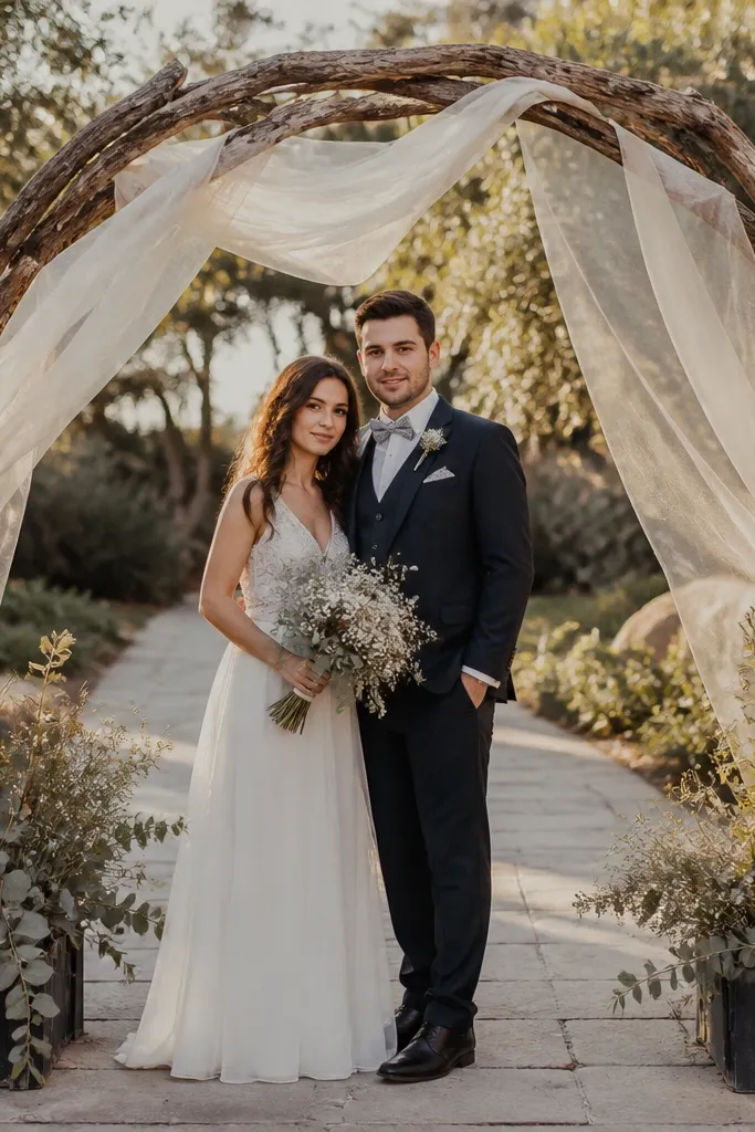 A natural branch arch wrapped with sheer fabric and small neutral flowers near a ceremony area