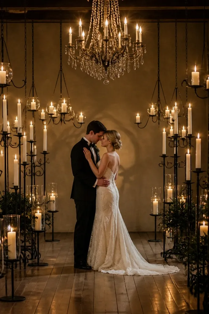 Candles hanging or clustered under a chandelier with neutral linens and greenery