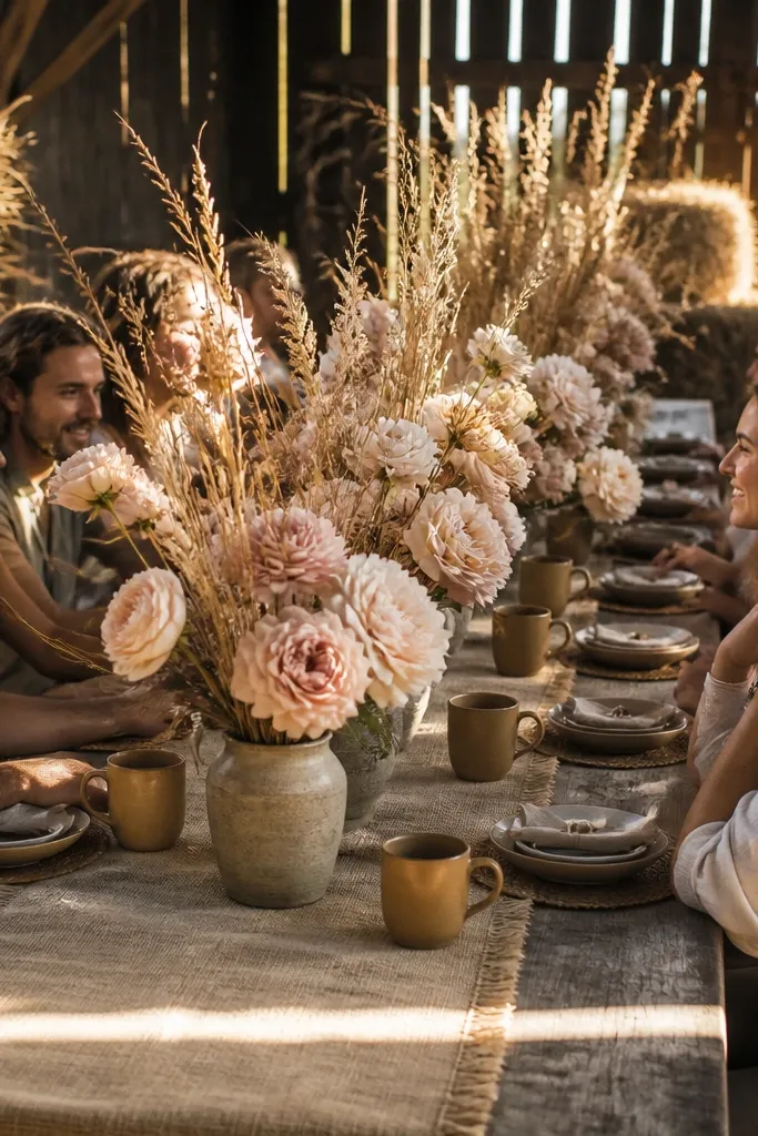 A long farm table with a neutral runner and oversized cream bouquets in low containers