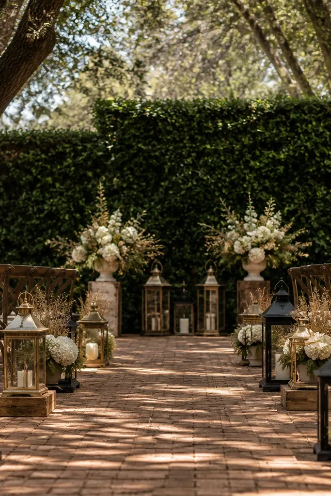 A green hedge backdrop with lanterns along the aisle and neutral floral accents