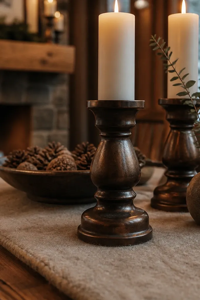 Neutral wool felt runners with sculptural candle holders and minimal dried stems