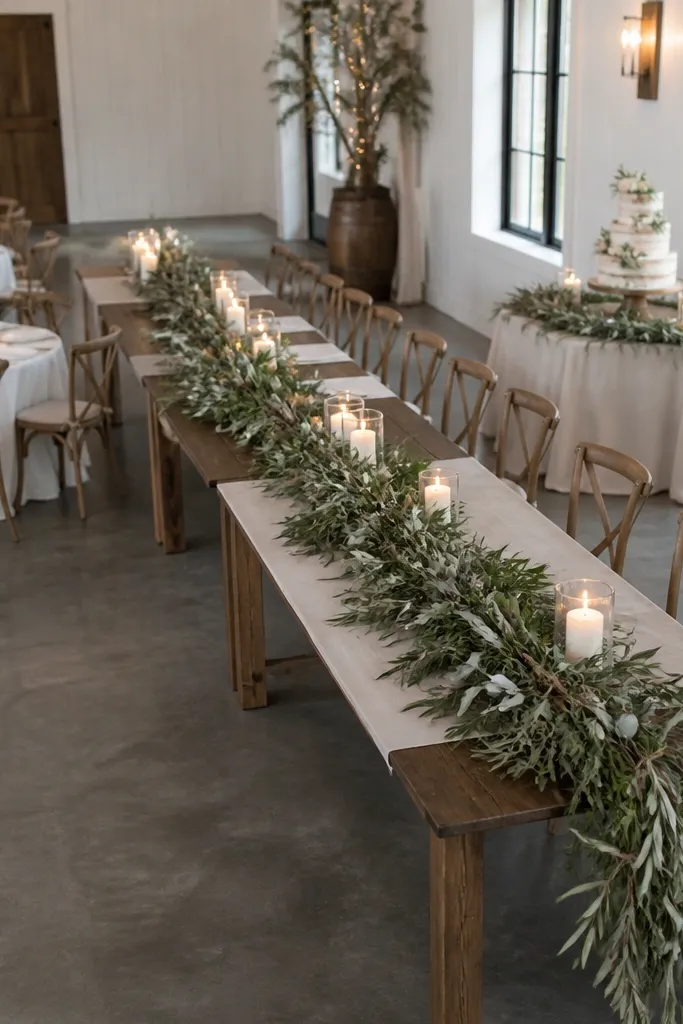 A long low greenery garland on a table with white candles and simple ceramic bud vases