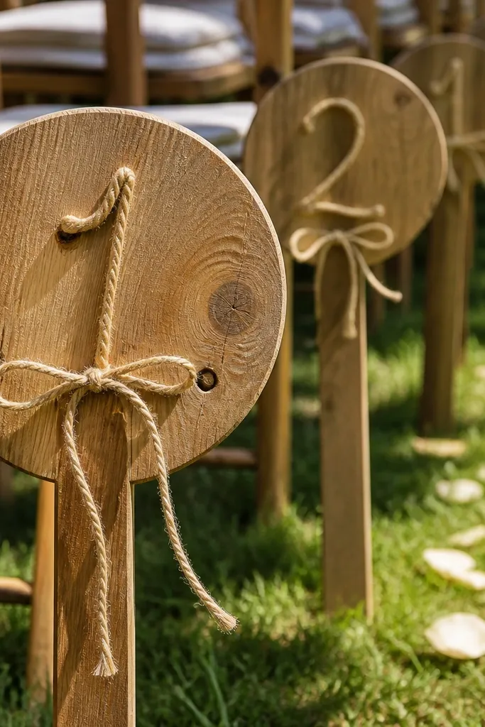 Small wooden rounds with twine ties marking the aisle edges