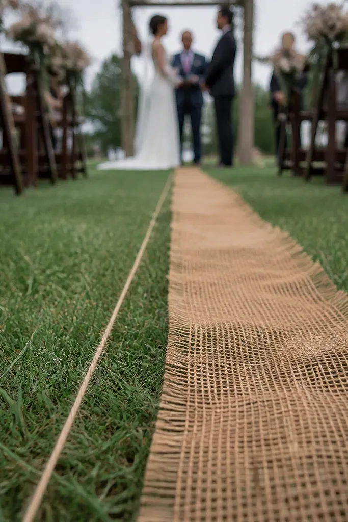 Burlap ribbon and twine stretched in a straight line along the aisle