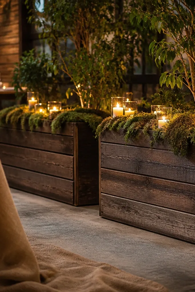 Wood crates filled with moss and small candles along the aisle