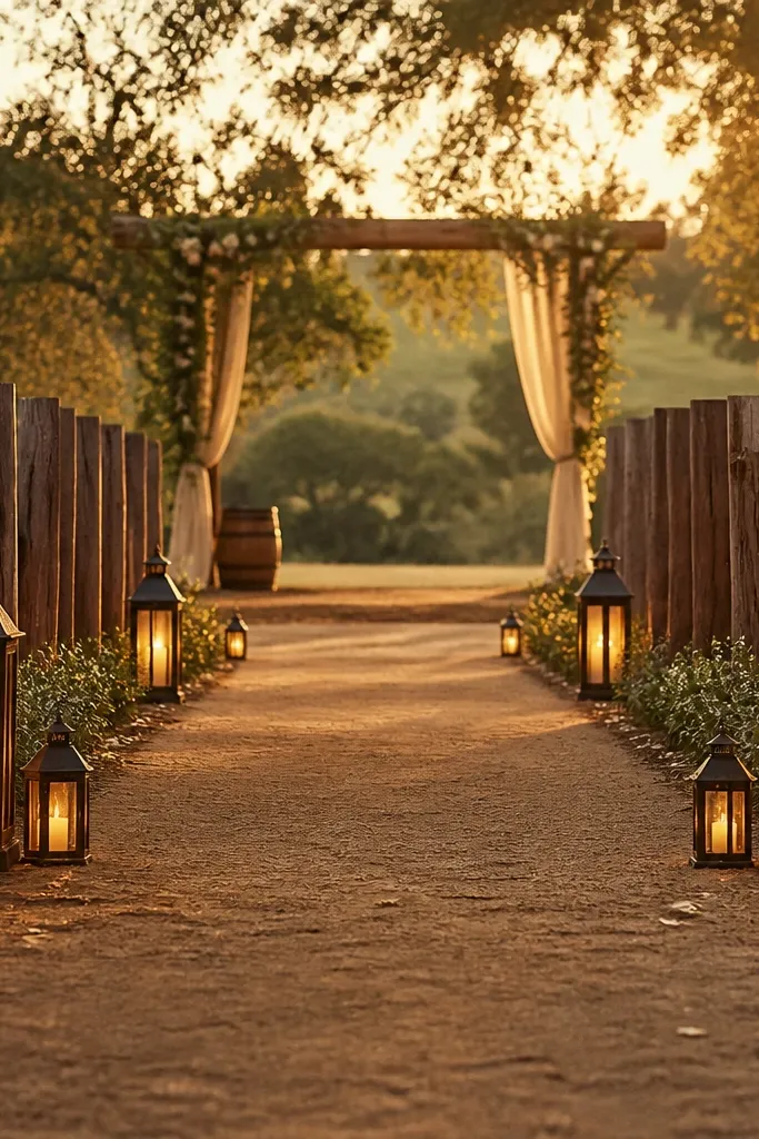 Three lantern clusters along the aisle with warm brown paper inside