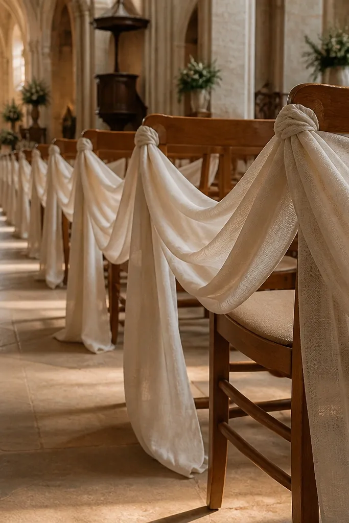 Light muslin swags tied to chair backs along the aisle