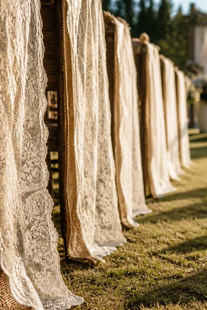 White lace runners hanging from stands along both sides of the aisle